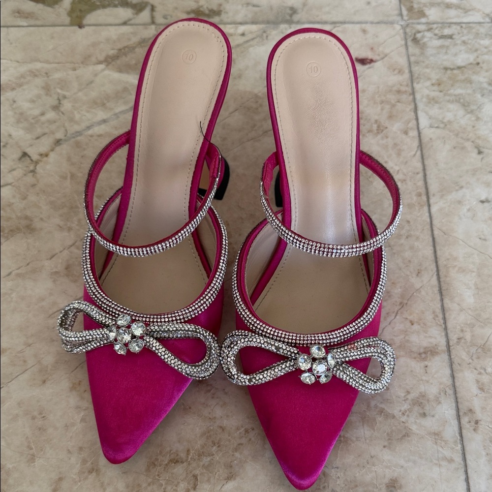 Elegant Pink Satin Heels with Rhinestone Bow